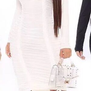 Fashion Nova White Long-Sleeve Ruched Bodycon Dress